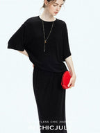 chicjuly Breathable Loose Short Sleeve High Waist Women's Tencel Wool Top & Skirt Sets