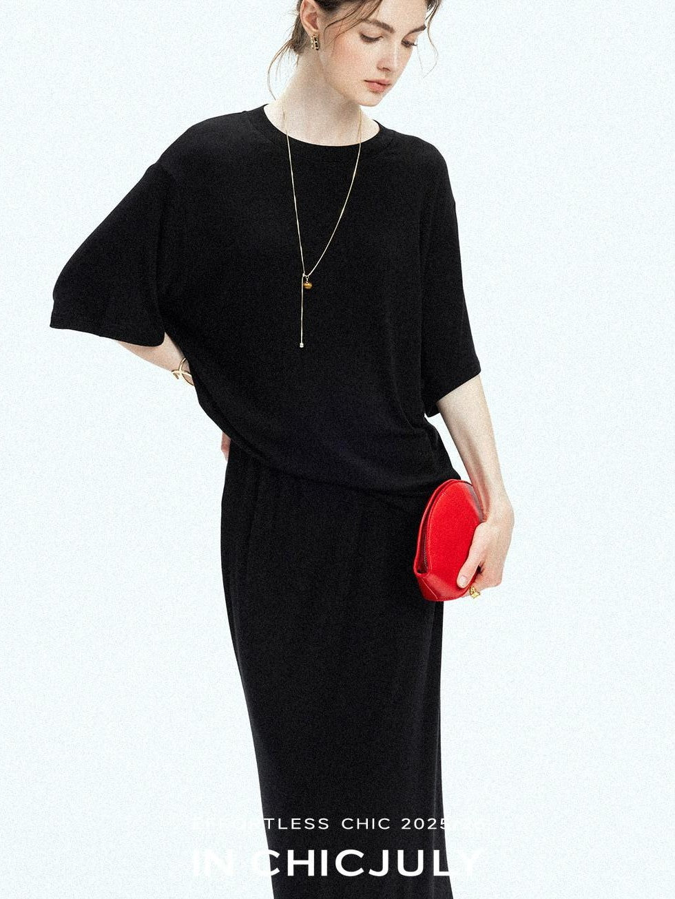 chicjuly Breathable Loose Short Sleeve High Waist Women's Tencel Wool Top & Skirt Sets