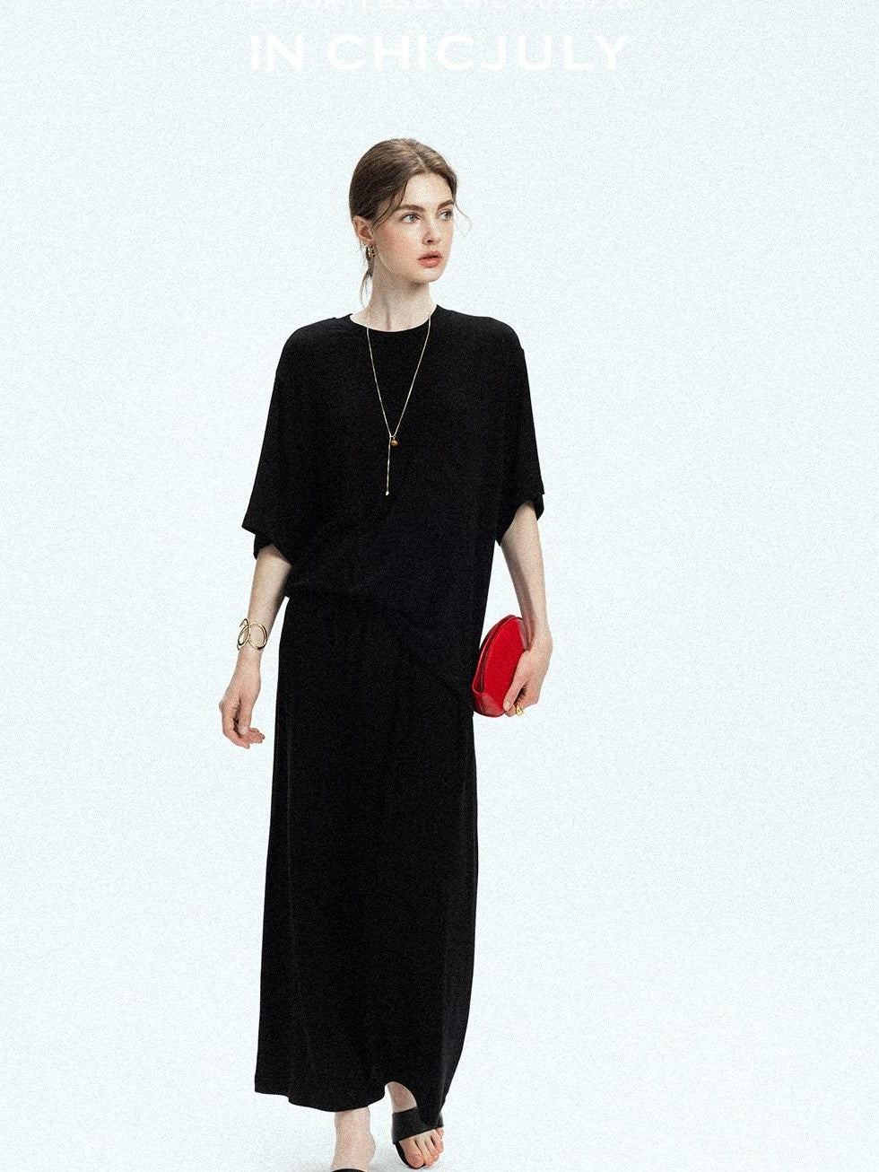 chicjuly Breathable Loose Short Sleeve High Waist Women's Tencel Wool Top & Skirt Sets