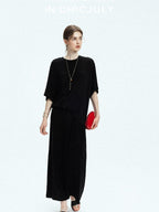 chicjuly Breathable Loose Short Sleeve High Waist Women's Tencel Wool Top & Skirt Sets