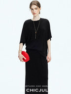 chicjuly Breathable Loose Short Sleeve High Waist Women's Tencel Wool Top & Skirt Sets