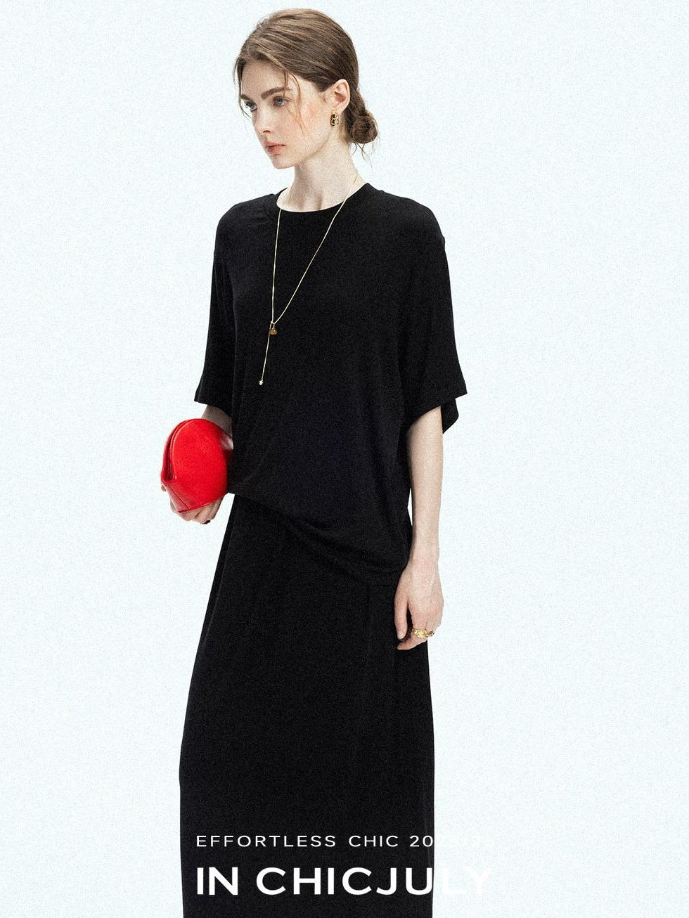 chicjuly Breathable Loose Short Sleeve High Waist Women's Tencel Wool Top & Skirt Sets