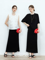 chicjuly Breathable Loose Short Sleeve High Waist Women's Tencel Wool Top & Skirt Sets