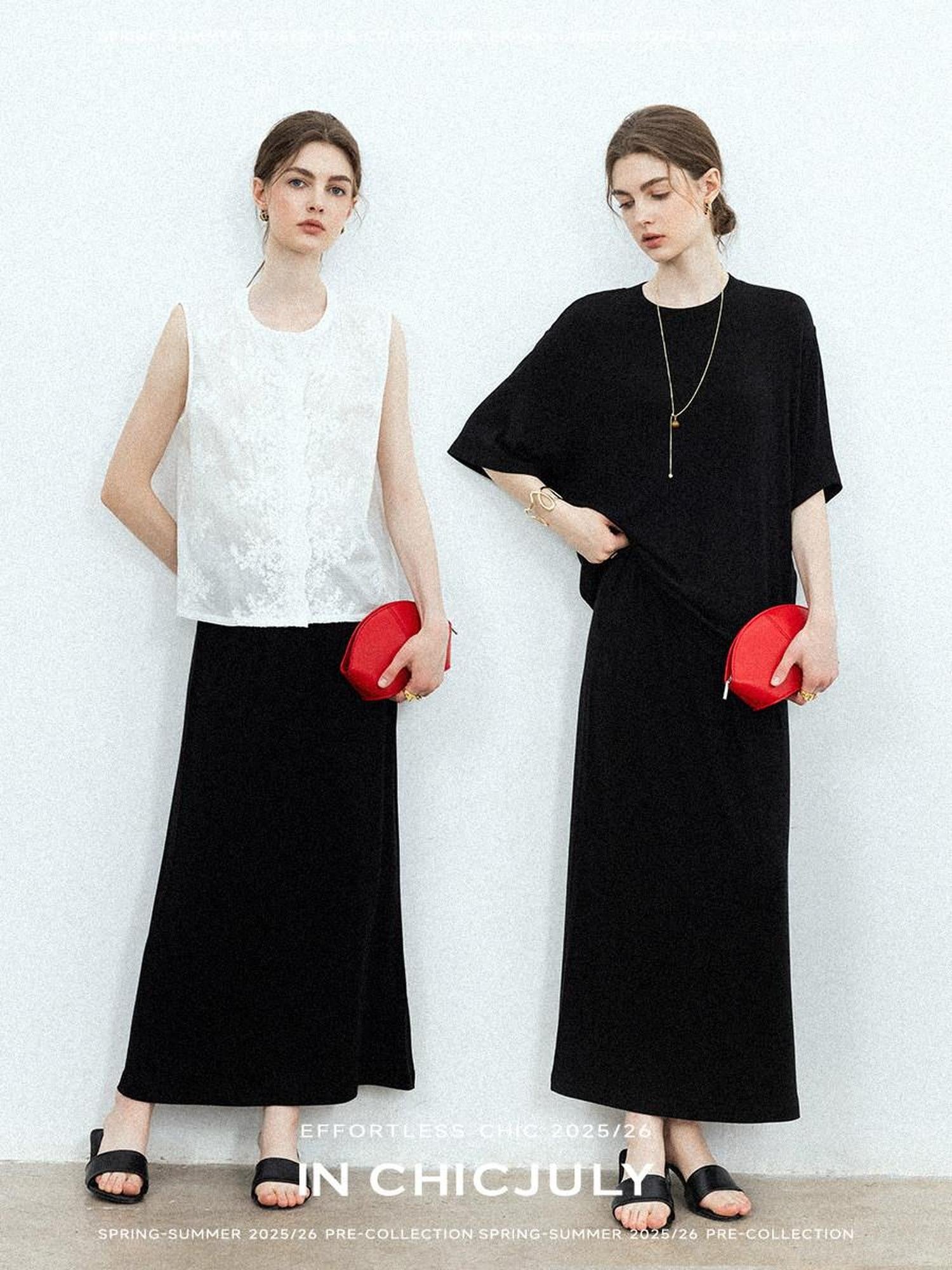 chicjuly Breathable Loose Short Sleeve High Waist Women's Tencel Wool Top & Skirt Sets