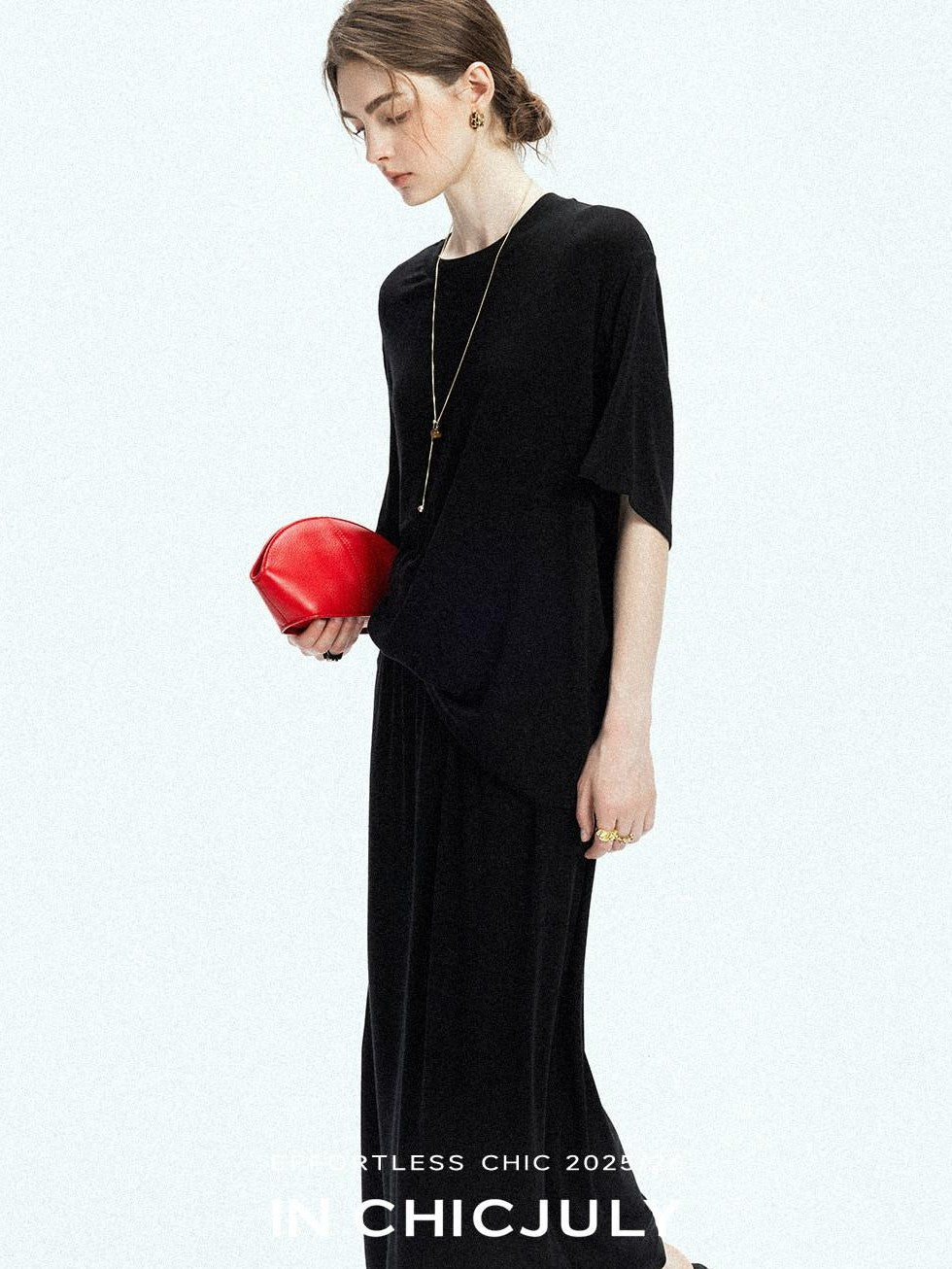 chicjuly Breathable Loose Short Sleeve High Waist Women's Tencel Wool Top & Skirt Sets