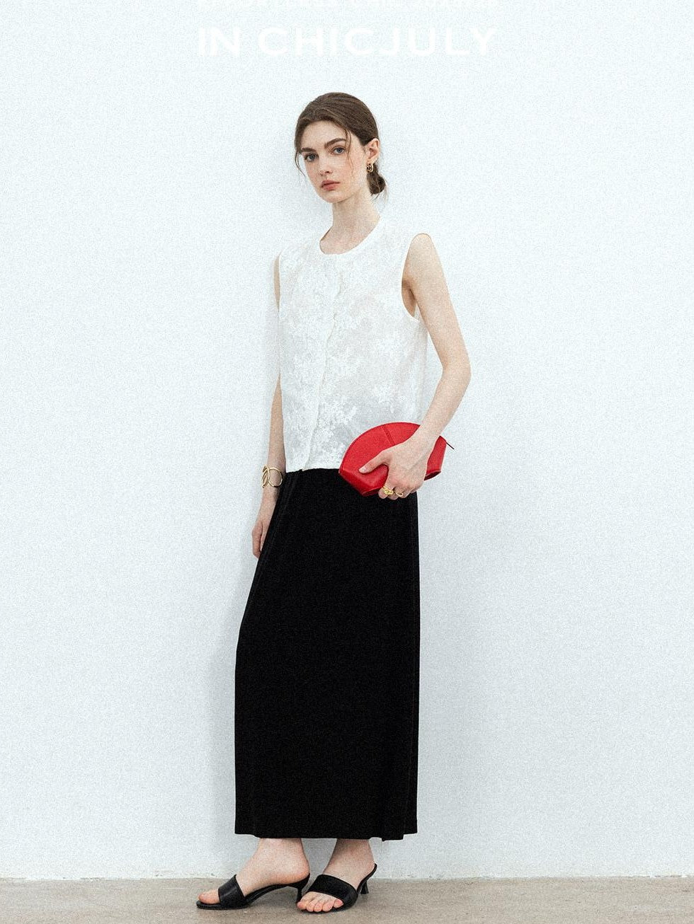 chicjuly Breathable Loose Short Sleeve High Waist Women's Tencel Wool Top & Skirt Sets