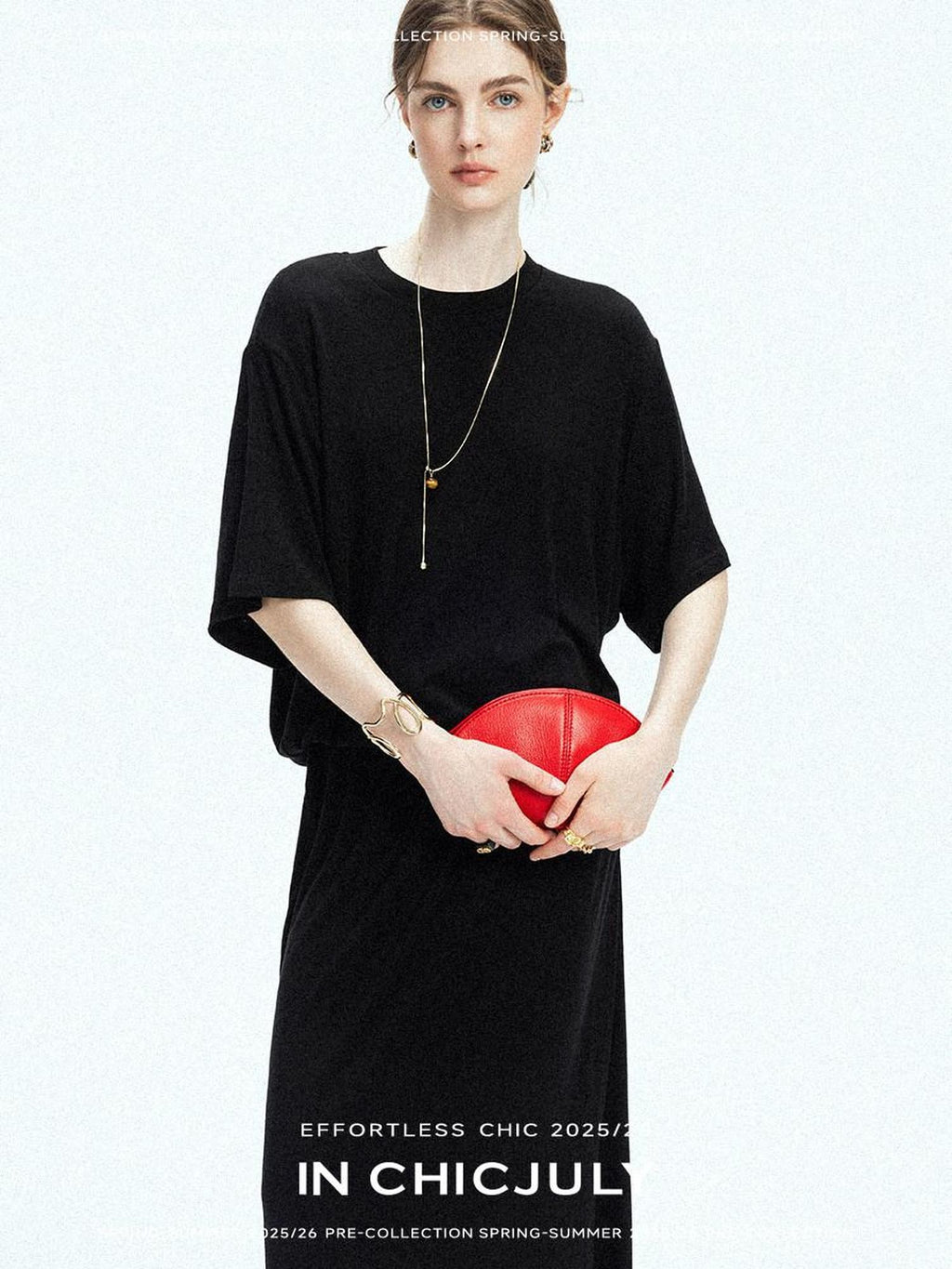 chicjuly Breathable Loose Short Sleeve High Waist Women's Tencel Wool Top & Skirt Sets