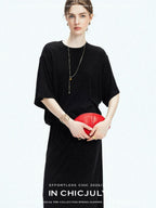 chicjuly Breathable Loose Short Sleeve High Waist Women's Tencel Wool Top & Skirt Sets