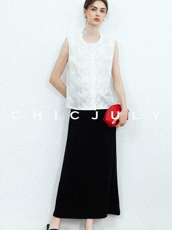 chicjuly Breathable Loose Short Sleeve High Waist Women's Tencel Wool Top & Skirt Sets