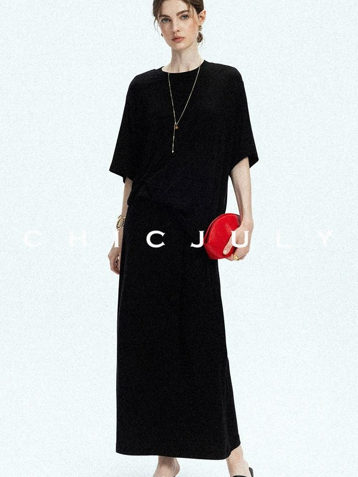 chicjuly Breathable Loose Short Sleeve High Waist Women's Tencel Wool Top & Skirt Sets