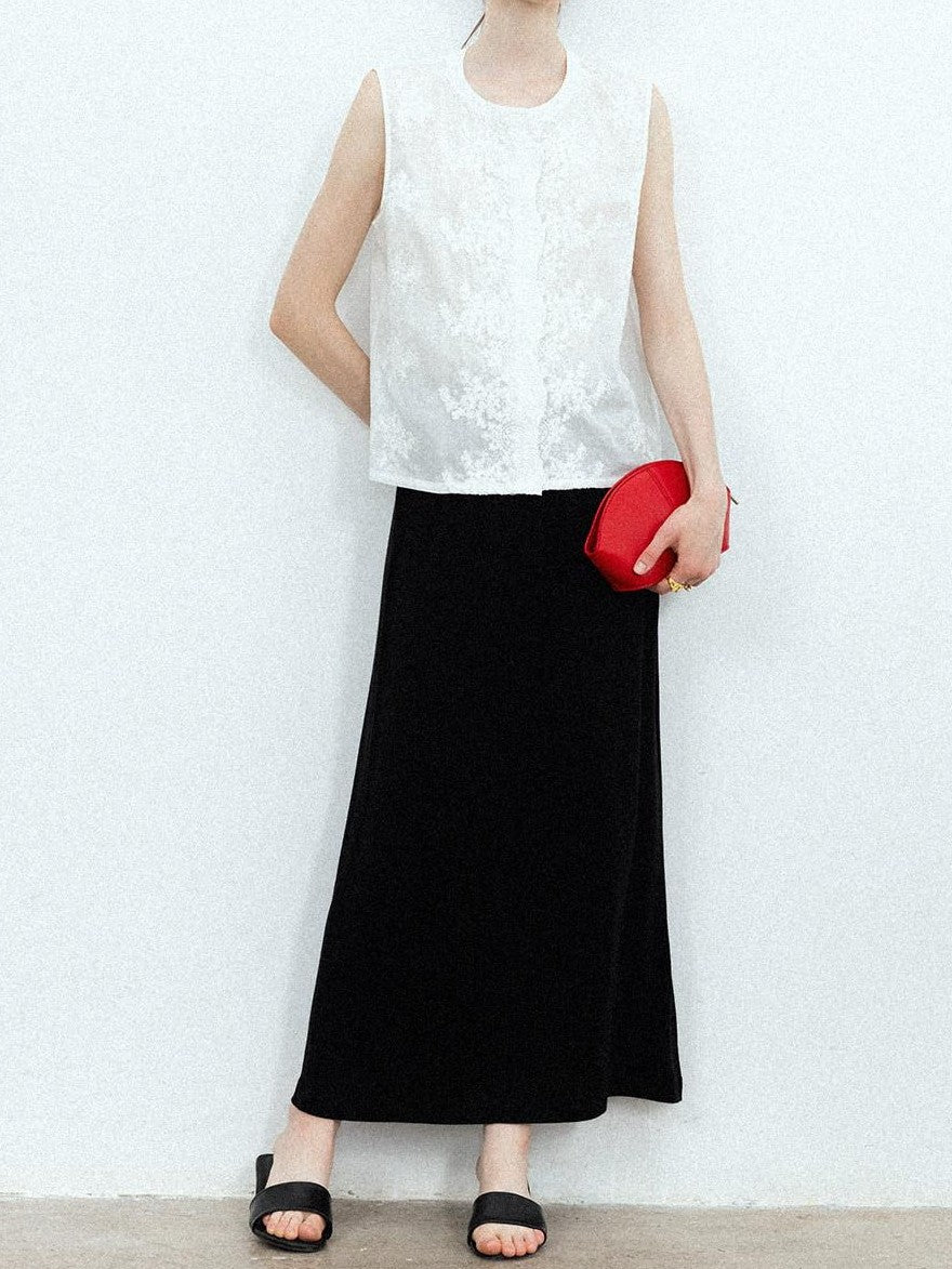 chicjuly Breathable Loose Short Sleeve High Waist Women's Tencel Wool Top & Skirt Sets