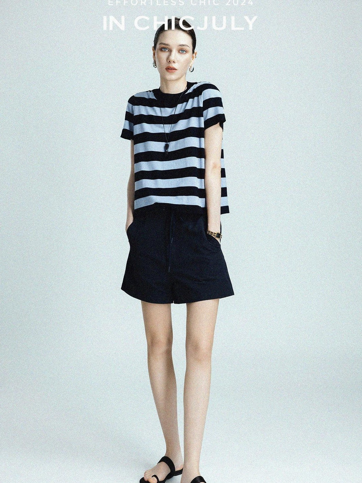 chicjuly Breathable Skin Friendly Striped Women's Fine Merino Wool Short Sleeve T-shirts