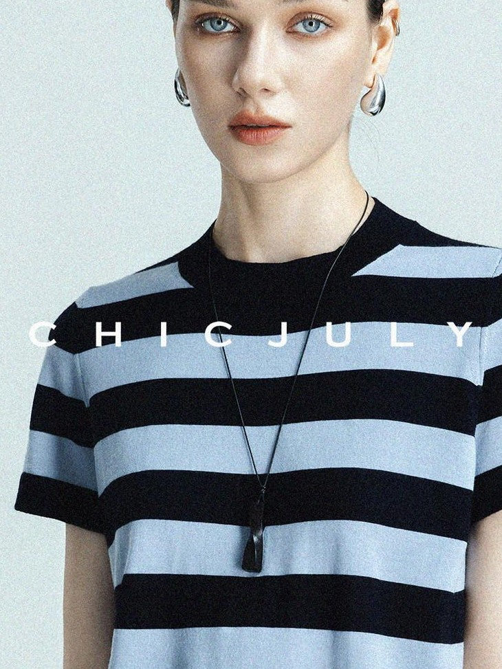 chicjuly Breathable Skin Friendly Striped Women's Fine Merino Wool Short Sleeve T-shirts