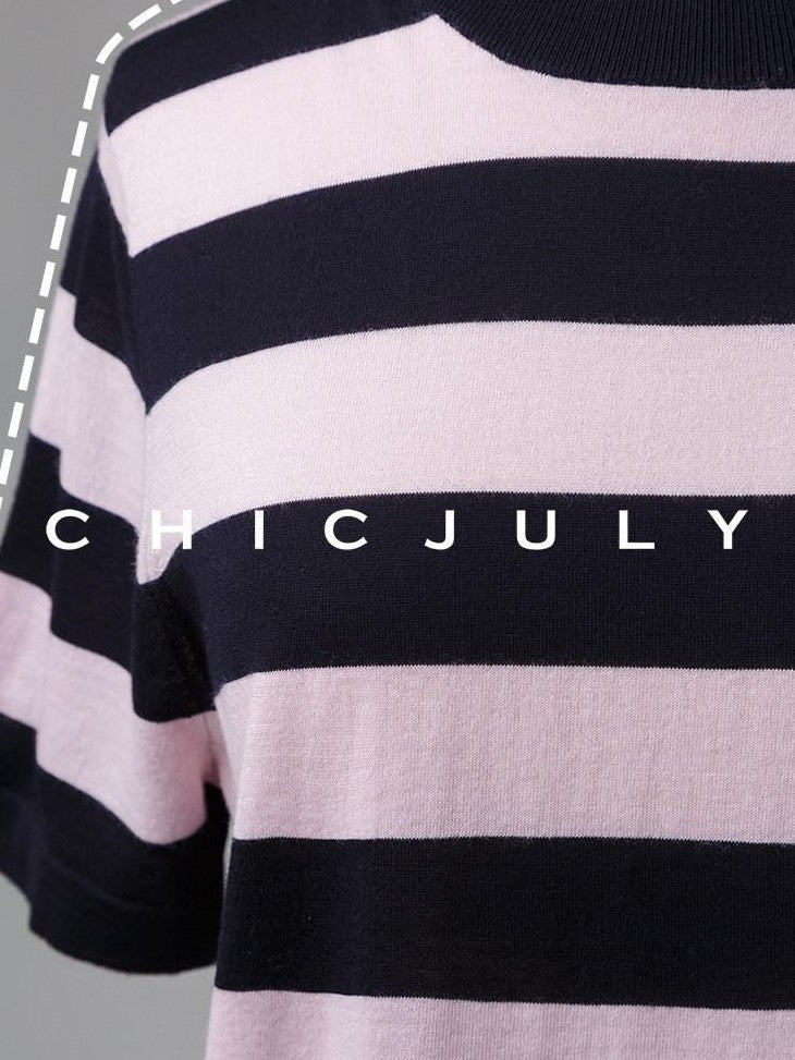 chicjuly Breathable Skin Friendly Striped Women's Fine Merino Wool Short Sleeve T-shirts