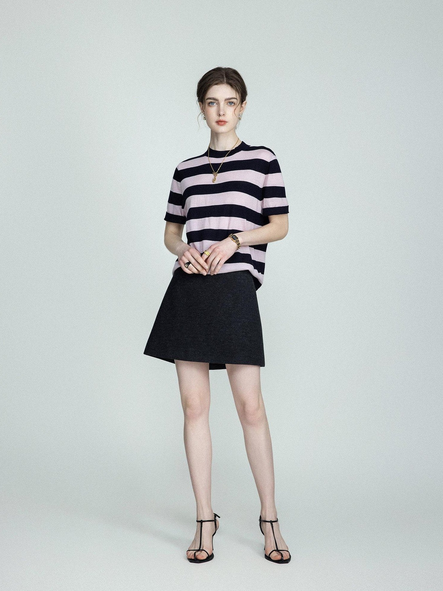chicjuly Breathable Skin Friendly Striped Women's Fine Merino Wool Short Sleeve T-shirts