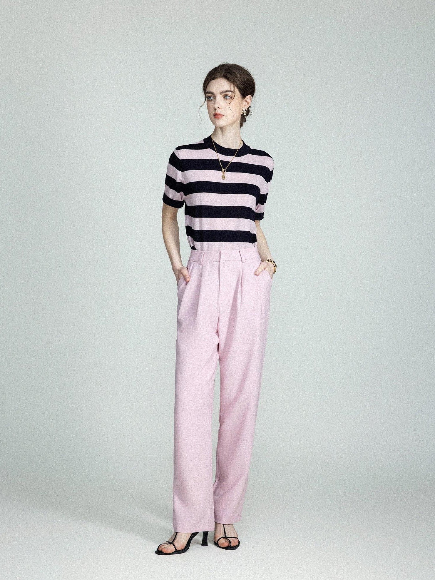 chicjuly Breathable Skin Friendly Striped Women's Fine Merino Wool Short Sleeve T-shirts