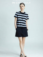chicjuly Breathable Skin Friendly Striped Women's Fine Merino Wool Short Sleeve T-shirts