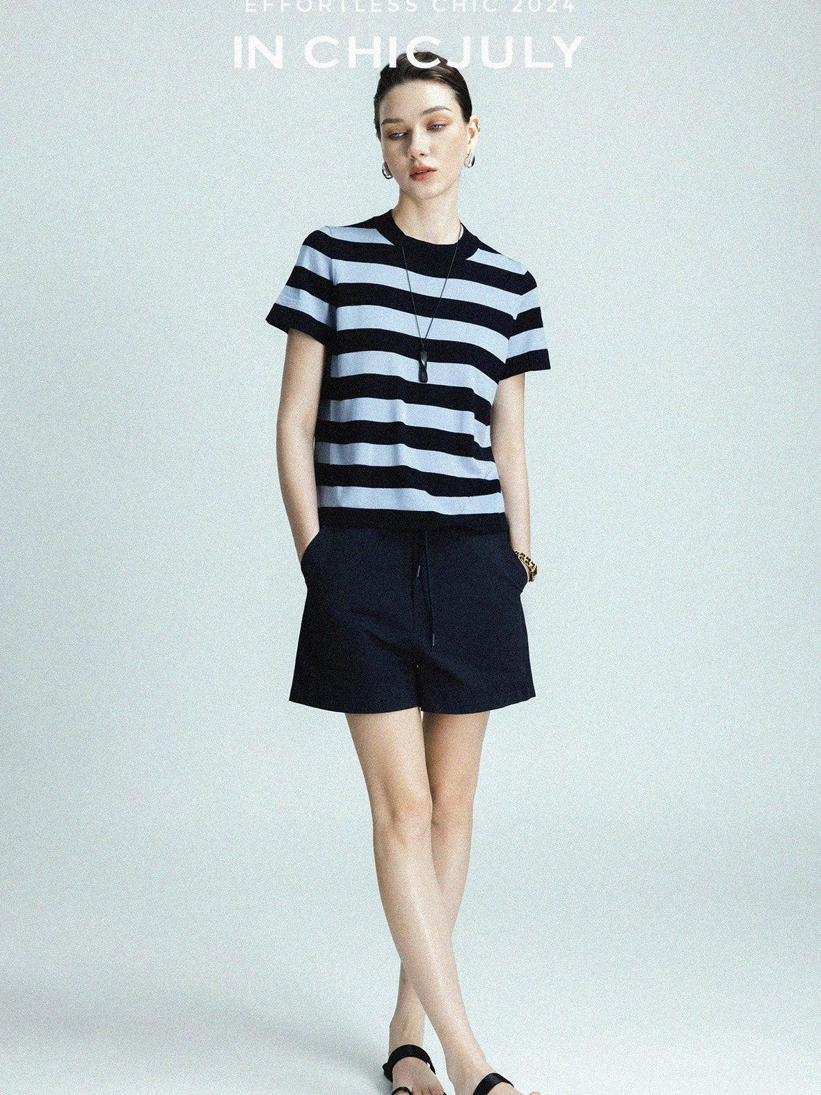 chicjuly Breathable Skin Friendly Striped Women's Fine Merino Wool Short Sleeve T-shirts