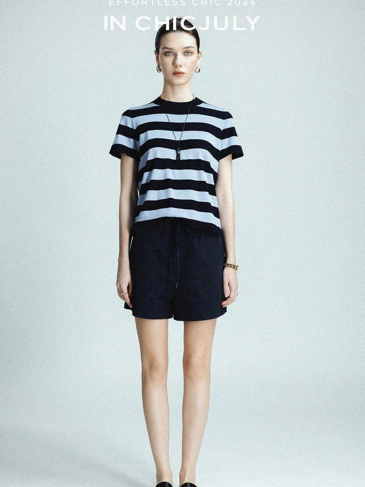 chicjuly Breathable Skin Friendly Striped Women's Fine Merino Wool Short Sleeve T-shirts