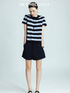 chicjuly Breathable Skin Friendly Striped Women's Fine Merino Wool Short Sleeve T-shirts