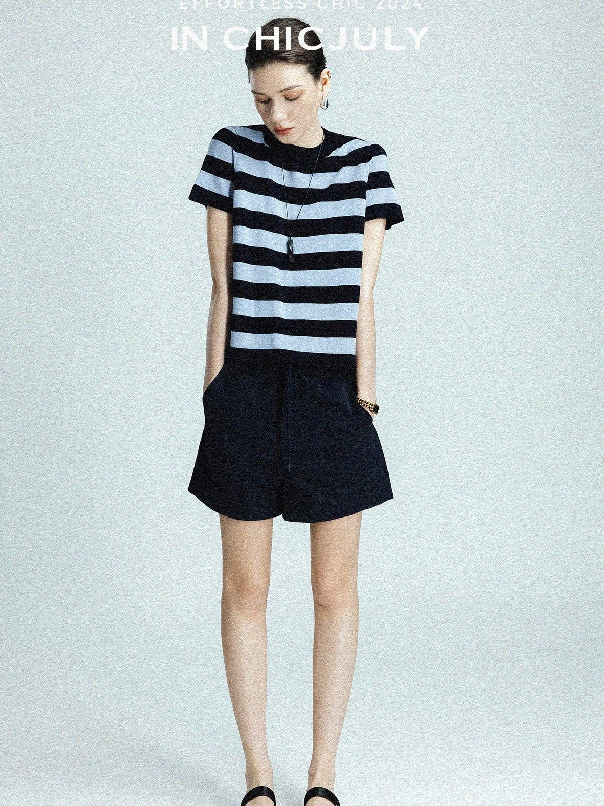 chicjuly Breathable Skin Friendly Striped Women's Fine Merino Wool Short Sleeve T-shirts