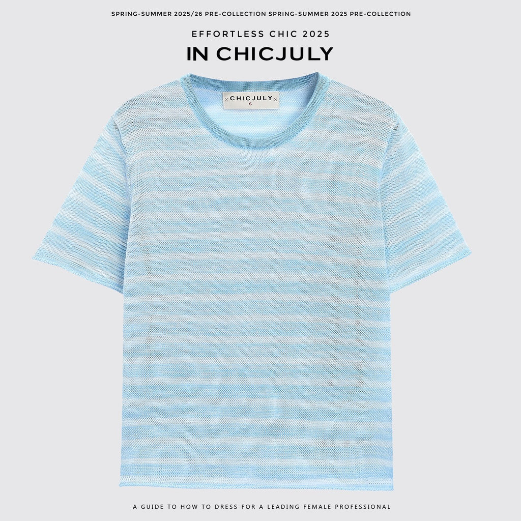 chicjuly Breathable Striped Knit Uv Crew Neck Women's Linen Short Sleeve T-shirts 930918534845