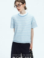 chicjuly Breathable Striped Knit Uv Crew Neck Women's Linen Short Sleeve T-shirts