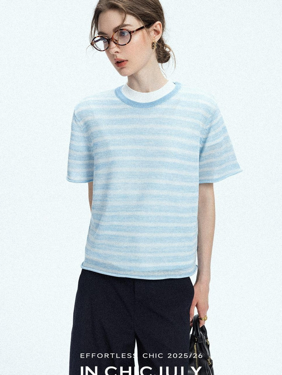 chicjuly Breathable Striped Knit Uv Crew Neck Women's Linen Short Sleeve T-shirts