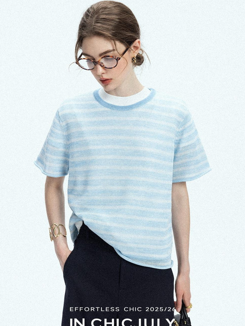 chicjuly Breathable Striped Knit Uv Crew Neck Women's Linen Short Sleeve T-shirts