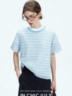 chicjuly Breathable Striped Knit Uv Crew Neck Women's Linen Short Sleeve T-shirts