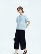 chicjuly Breathable Striped Knit Uv Crew Neck Women's Linen Short Sleeve T-shirts