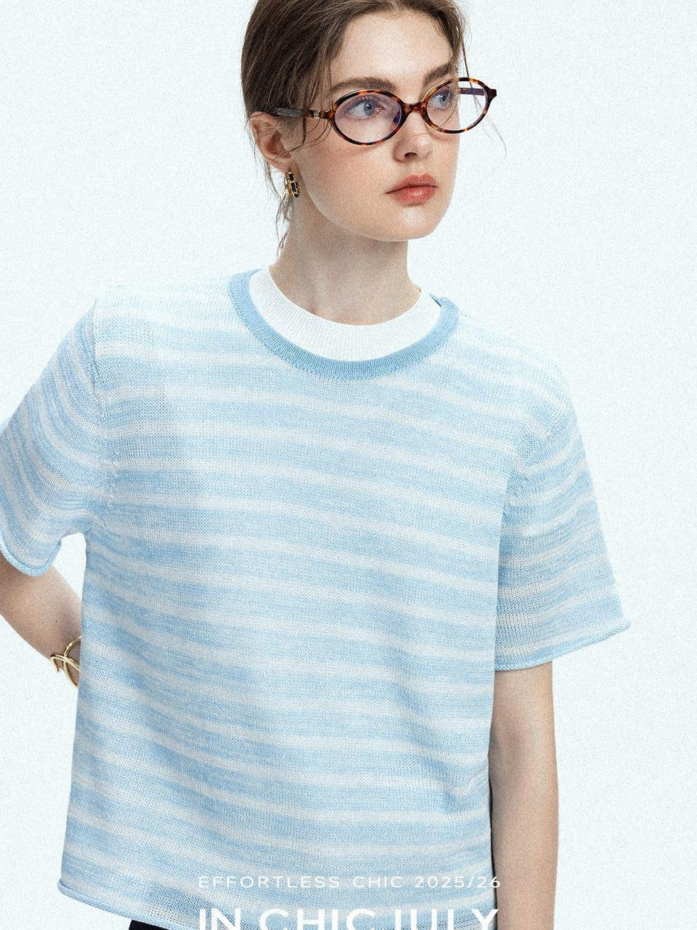 chicjuly Breathable Striped Knit Uv Crew Neck Women's Linen Short Sleeve T-shirts