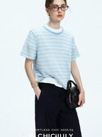 chicjuly Breathable Striped Knit Uv Crew Neck Women's Linen Short Sleeve T-shirts