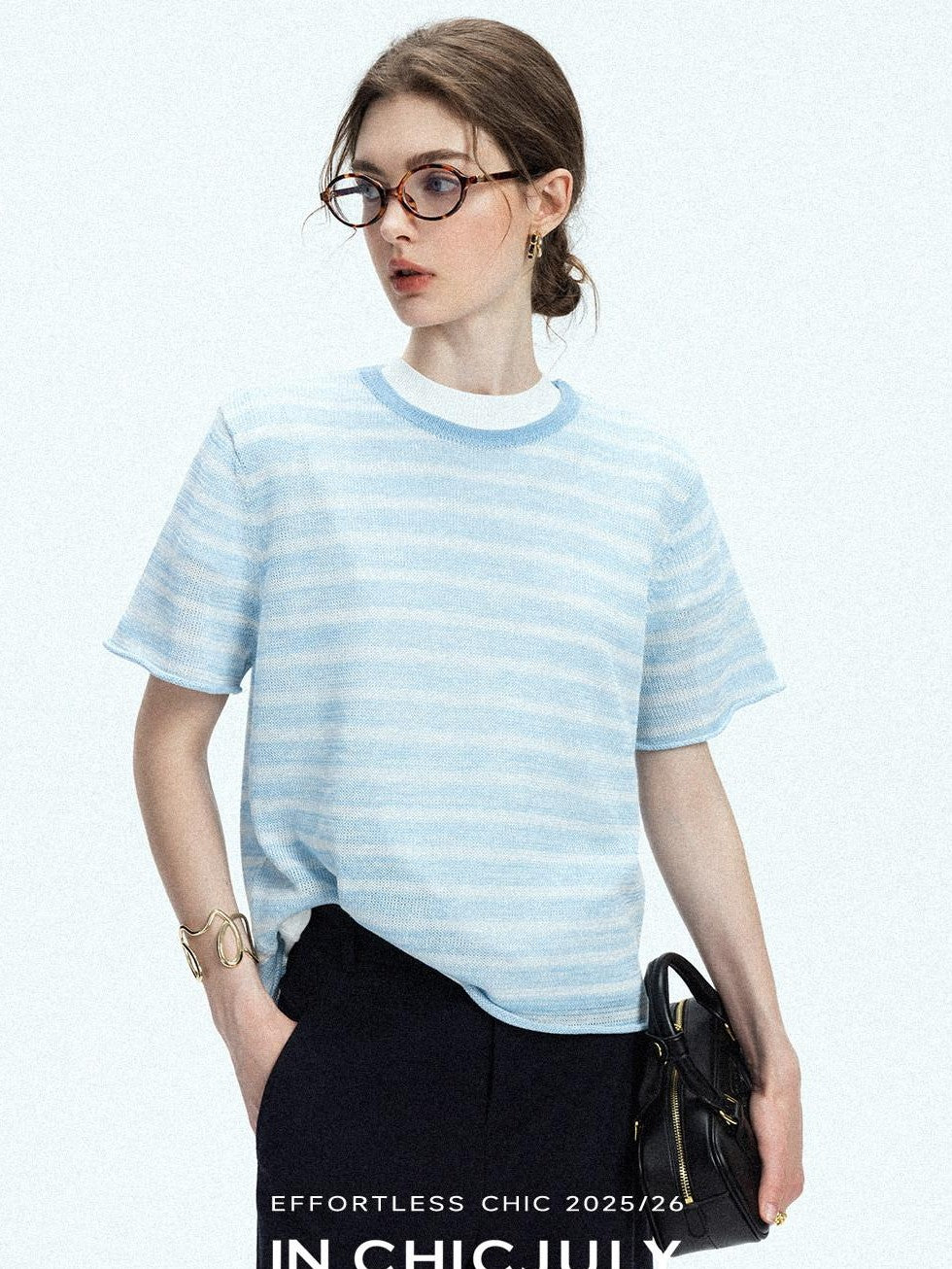 chicjuly Breathable Striped Knit Uv Crew Neck Women's Linen Short Sleeve T-shirts