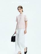 chicjuly Breathable Striped Knit Uv Crew Neck Women's Linen Short Sleeve T-shirts