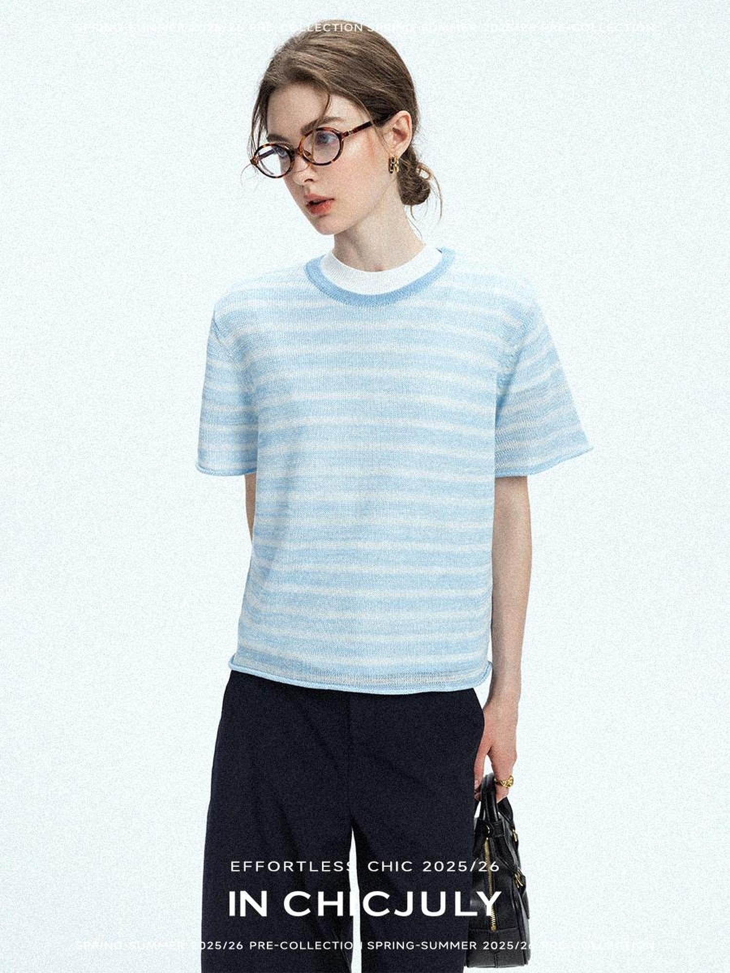 chicjuly Breathable Striped Knit Uv Crew Neck Women's Linen Short Sleeve T-shirts