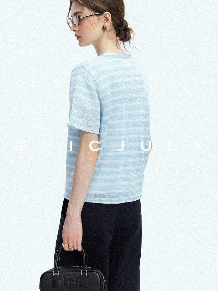 chicjuly Breathable Striped Knit Uv Crew Neck Women's Linen Short Sleeve T-shirts