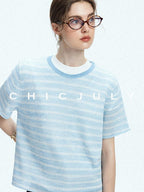 chicjuly Breathable Striped Knit Uv Crew Neck Women's Linen Short Sleeve T-shirts