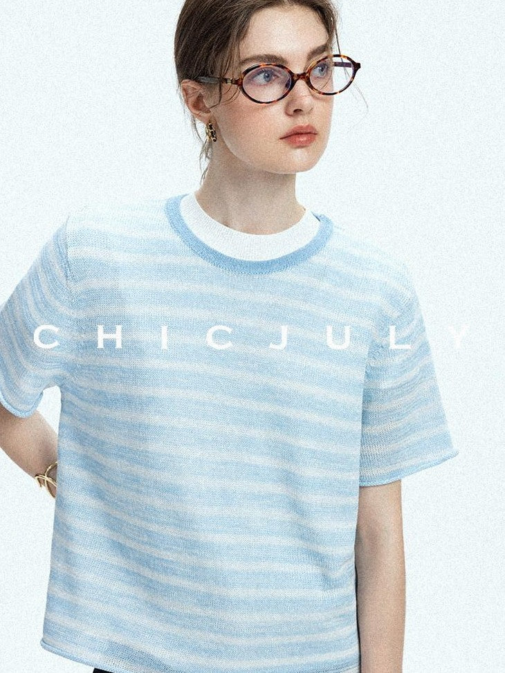 chicjuly Breathable Striped Knit Uv Crew Neck Women's Linen Short Sleeve T-shirts