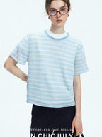 chicjuly Breathable Striped Knit Uv Crew Neck Women's Linen Short Sleeve T-shirts