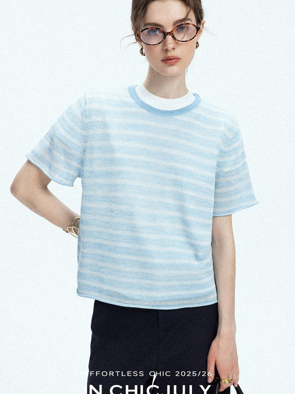 chicjuly Breathable Striped Knit Uv Crew Neck Women's Linen Short Sleeve T-shirts