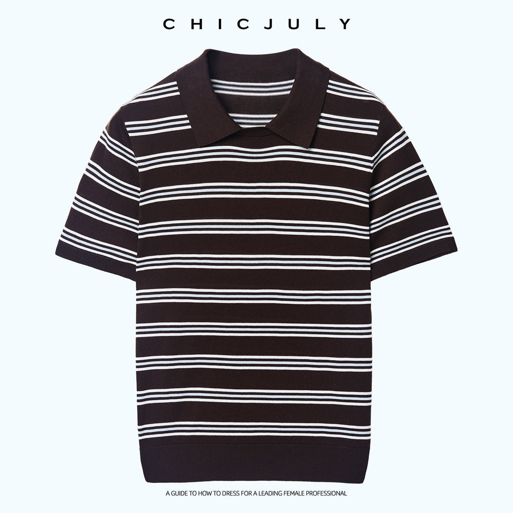 chicjuly Caramel Striped Polo Collar Knitted Faux Layer Women's Short Sleeve T-shirts 1036730219460