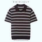 chicjuly Caramel Striped Polo Collar Knitted Faux Layer Women's Short Sleeve T-shirts 1036730219460