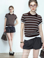 chicjuly Caramel Striped Polo Collar Knitted Faux Layer Women's Short Sleeve T-shirts