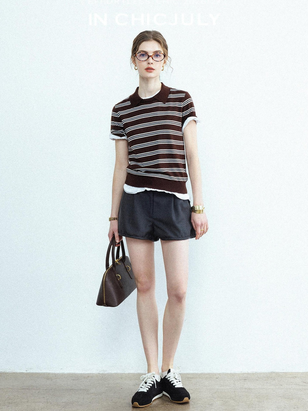 chicjuly Caramel Striped Polo Collar Knitted Faux Layer Women's Short Sleeve T-shirts