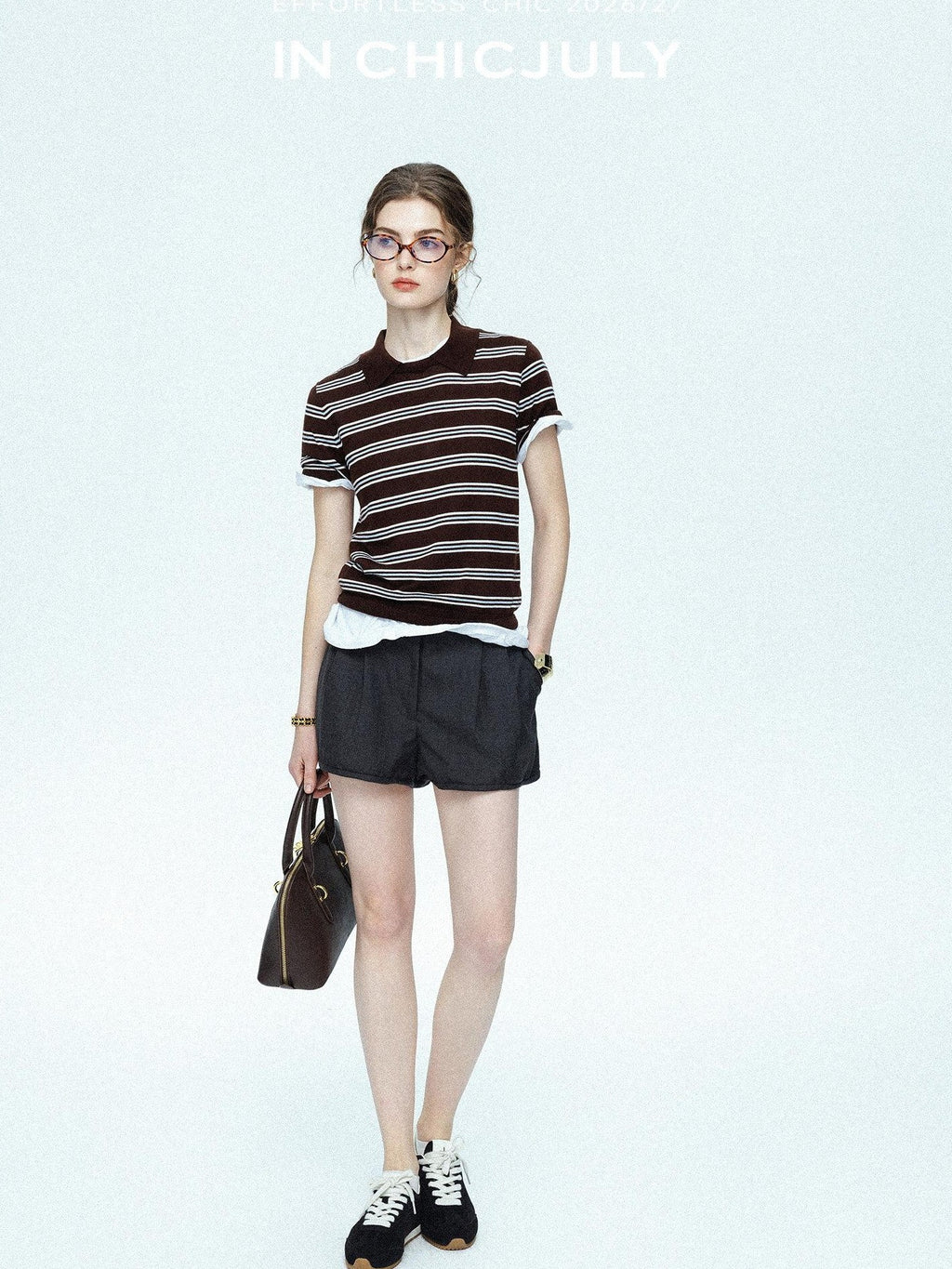chicjuly Caramel Striped Polo Collar Knitted Faux Layer Women's Short Sleeve T-shirts
