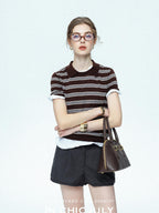 chicjuly Caramel Striped Polo Collar Knitted Faux Layer Women's Short Sleeve T-shirts