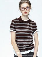 chicjuly Caramel Striped Polo Collar Knitted Faux Layer Women's Short Sleeve T-shirts