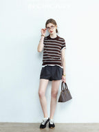 chicjuly Caramel Striped Polo Collar Knitted Faux Layer Women's Short Sleeve T-shirts