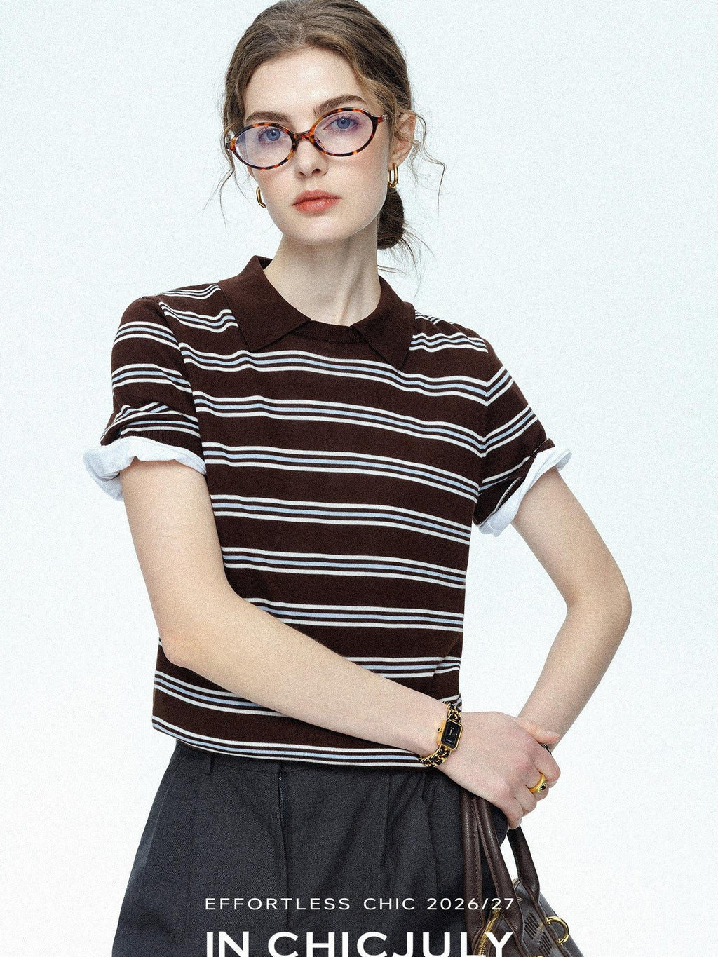 chicjuly Caramel Striped Polo Collar Knitted Faux Layer Women's Short Sleeve T-shirts